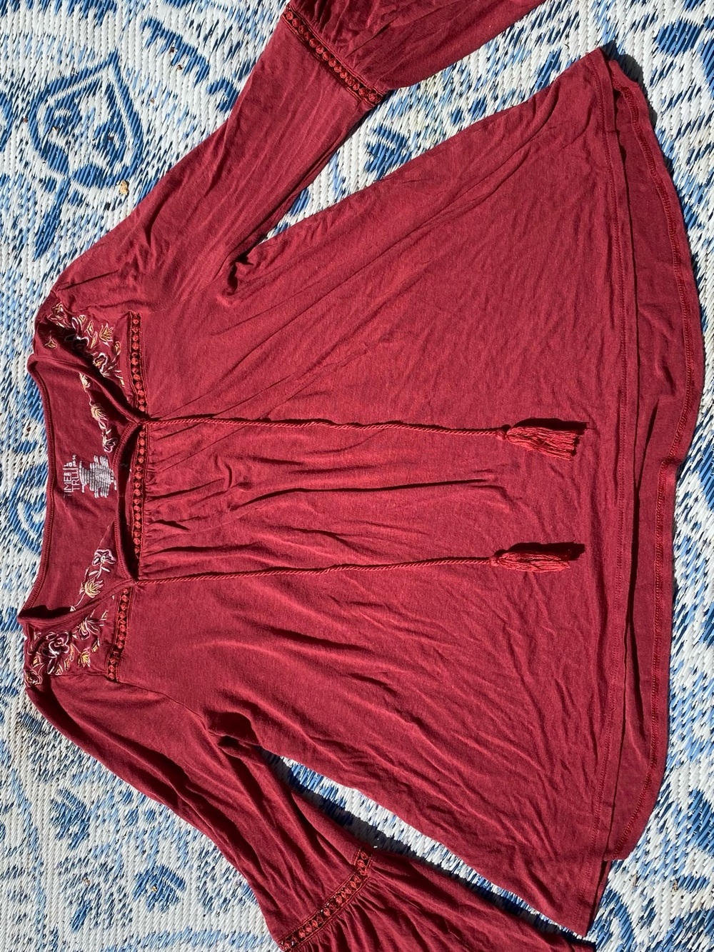 Time and Tru Red Embroidered Peasant Top